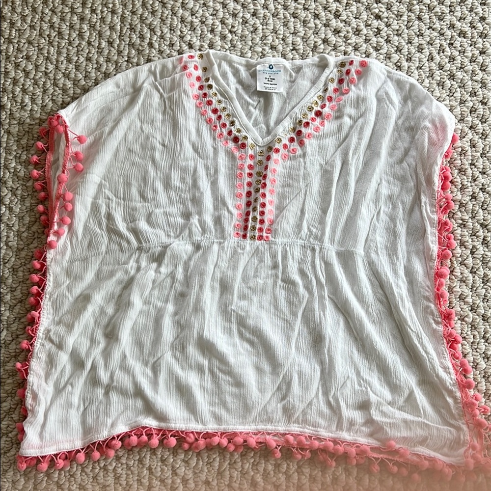 Snapper Rock NZ White Swim Cover Up with Pink Pom-Poms. Size 2T